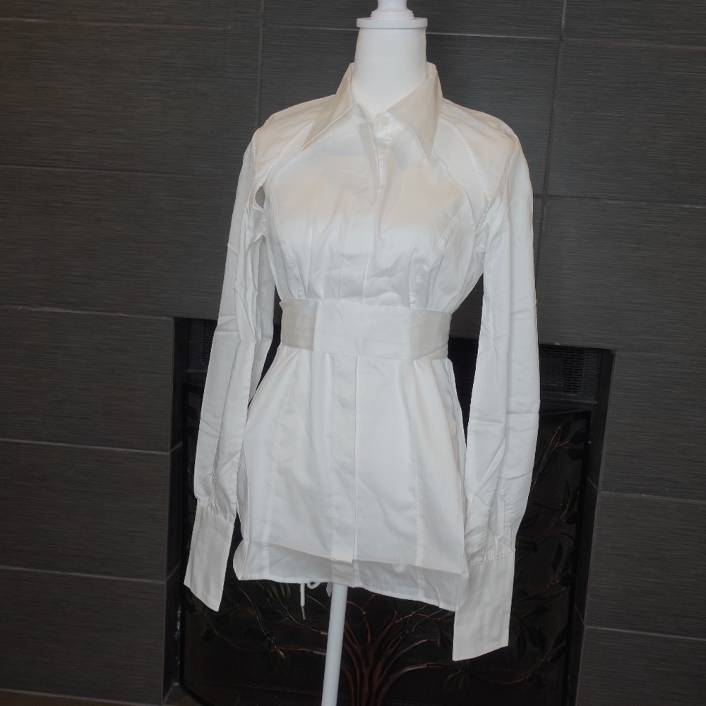 Lita By Ciara White Top Shirt cotton Long Sleeves Belted Size Medium $248